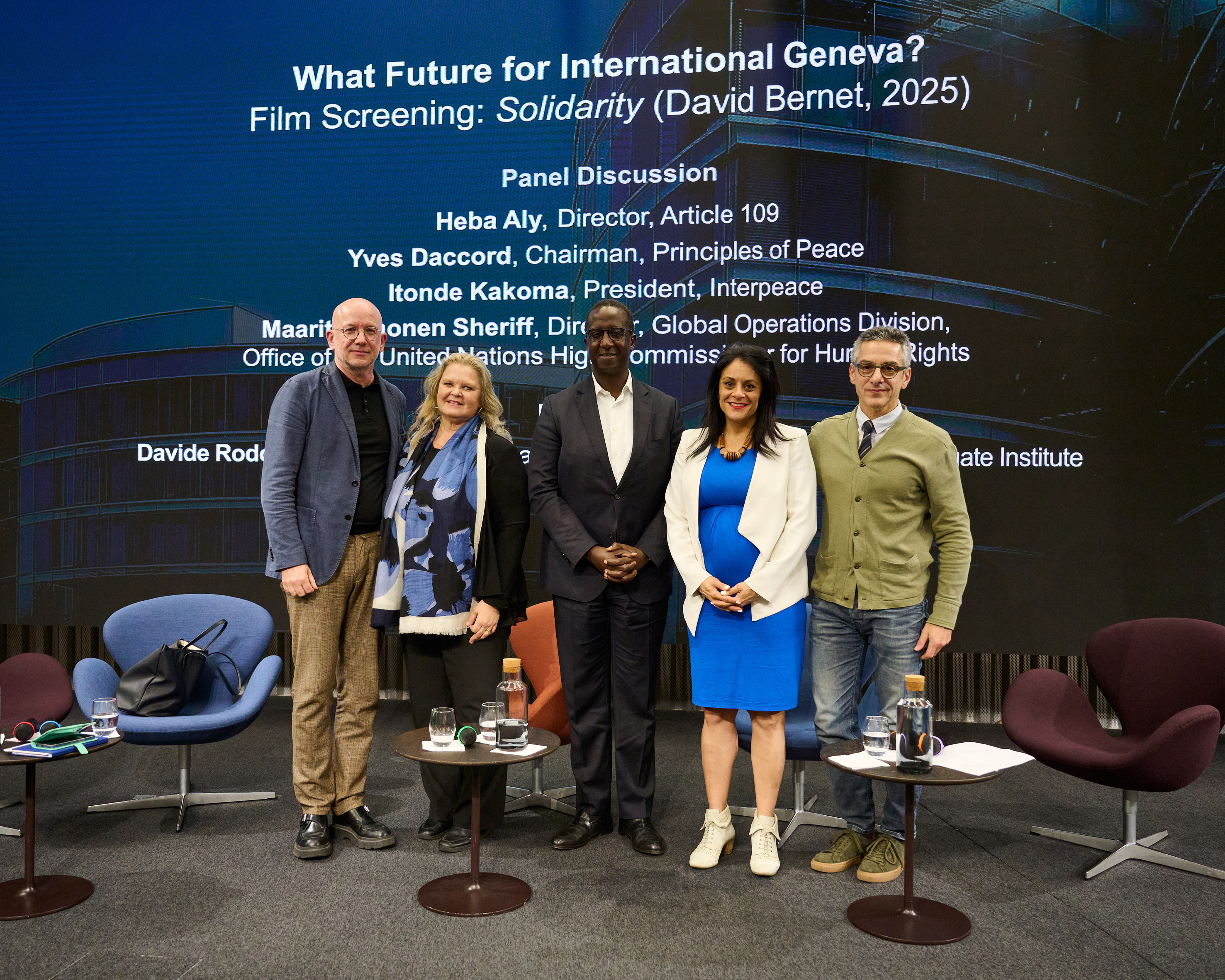  "What Future for International Geneva?" panelists Yves Daccord, Chairman, Maarit Kohonen Sheriff, Director, Global Operations Division, Principles for Peace, Itonde Kakoma, President, Interpeace, Heba Aly, Director, Article 109 and Professor Davide Rodogno, International History & Politics Department - Geneva Graduate Institute, on 10 March 2026