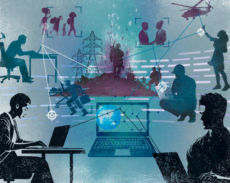 Illustration showing the intersection of technology and warfare. Silouettes of people use computers and communicate via digital networks while scenes of conflict, including soldiers, civiliens. Lines and data connections link the figures, symbolizing cyber operations and the impact of digital technology on modern conflict. © ICRC