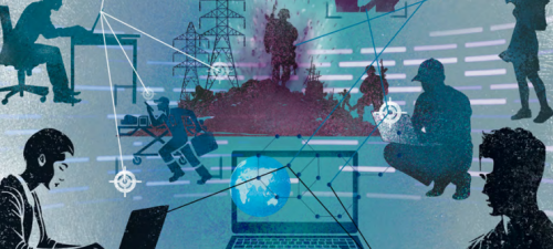 Illustration showing the intersection of technology and warfare. Silouettes of people use computers and communicate via digital networks while scenes of conflict, including soldiers, civiliens. Lines and data connections link the figures, symbolizing cyber operations and the impact of digital technology on modern conflict. © ICRC