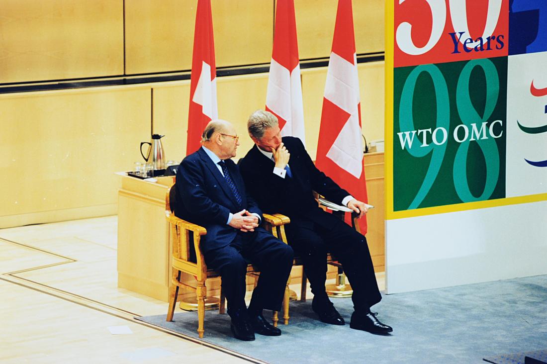 President of the United States Bill Clinton with WTO Director-General Renato Ruggiero during the ministerial conference on 18 May 1998