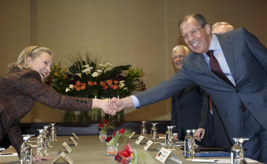US Secretary of State Hillary Clinton with Russian Foreign Minister Sergei Lavrov at the start of a bilateral meeting on February 28, 2011